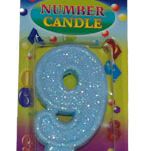 NUMBER GLITTER CANDLE # 9 BLUE