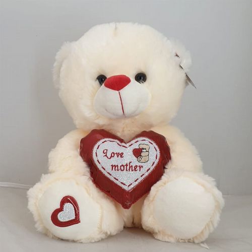 TEDDY CREAM WITH LOVE MOTHER ON RED HEART PILLOW