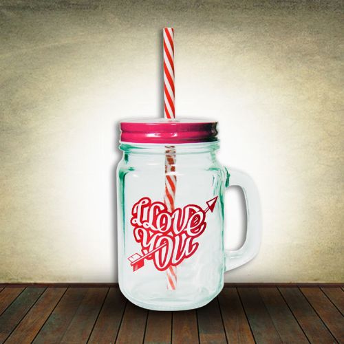 Valentine's Glass-Jar with Lid and Straw
