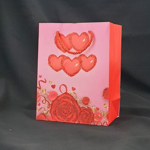 GIFTBAG PINK W/RED GLITTER HEARTS & ROSES