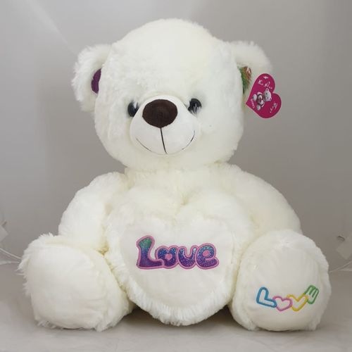 TEDDY WHITE WITH GLITTER LOVE ON HEART PILLOW