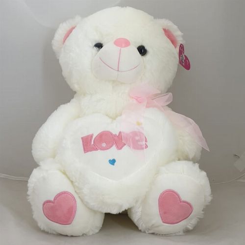 TEDDY WHITE WITH PINK LOVE ON HEART PILLOW