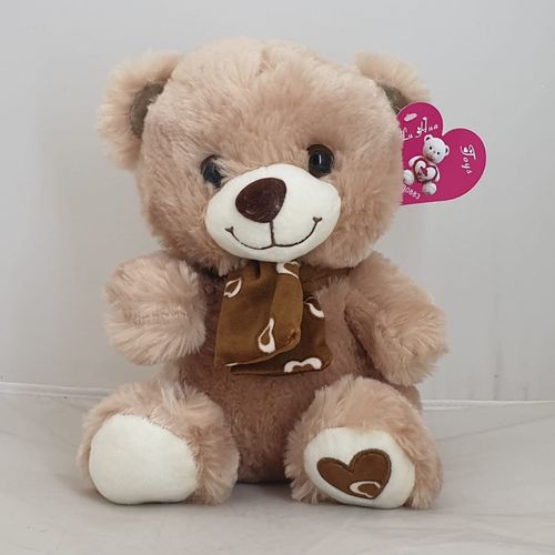 TEDDY BEIGE WITH BROWN HEARTS ON BOW