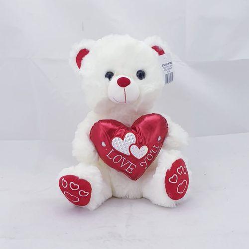 TEDDY WHITE W/RED SATIN HEART