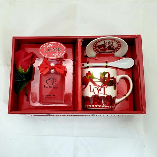 GIFT PACK LOVE MUG W/SAUCER/SPOON/PERFUME & ROSE