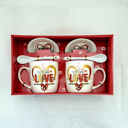 GIFT PACK LOVE 2 X MUGS W/SAUCERS & SPOONS