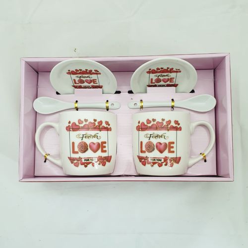 GIFT PACK LOVE 2 x MUGS W/SAUCERS & SPOONS