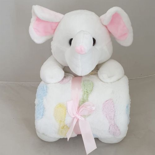 PLUSH ELEPHANT WITH COLOURFUL BOWS ON BLANKET
